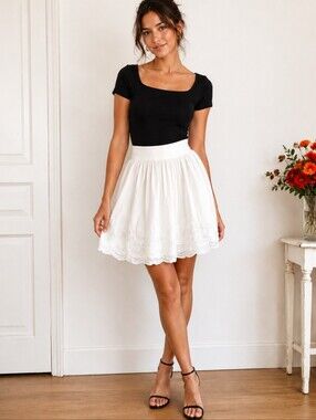 RW & CO | White Cotton Embroidered Lace Mesh Skirt High Waisted